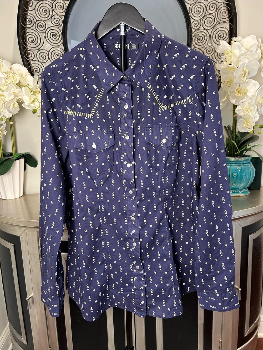 Cruel Girl Navy Western Snap-Front Jean Jacket with Cream Arrow Print